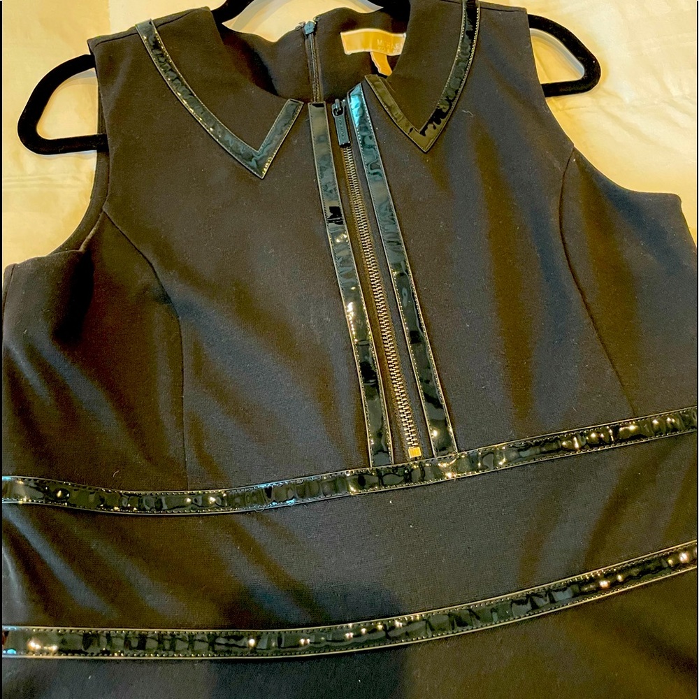 Black Sleeveless Patent Trimmed Asymmetrical Dress